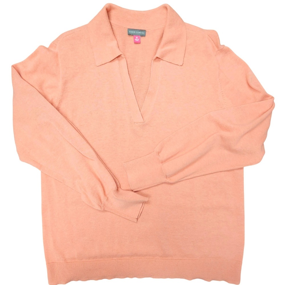 Vince Camuto Polo Sweater M Peach Johnny Collar Preppy Quiet Luxury Cotton